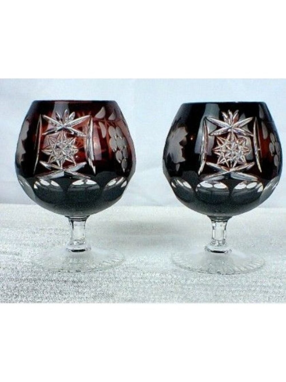 Vintage Ajka Marsala Amber Cut To Clear Crystal Brandy Snifters Grapevine Set 2